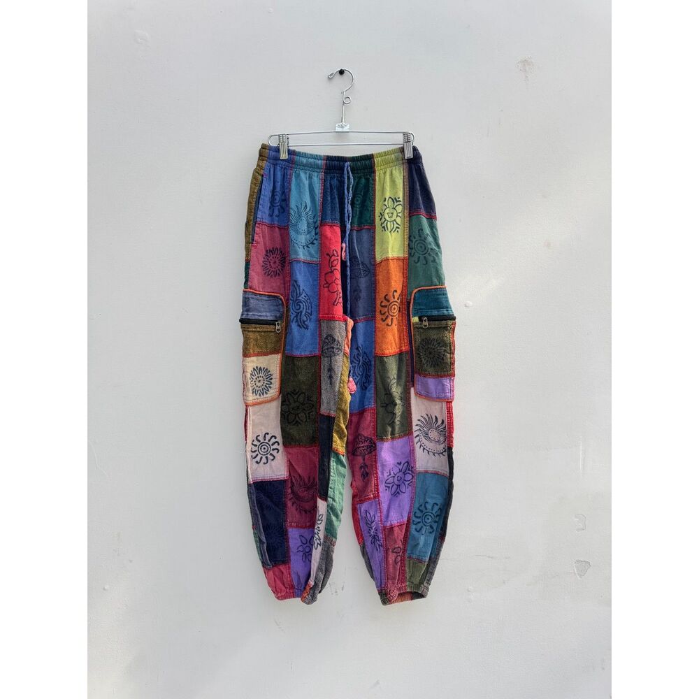 Nepal Patchwork Cargo Pants Cotton Hippie Harem Festival Trousers L XL Sun